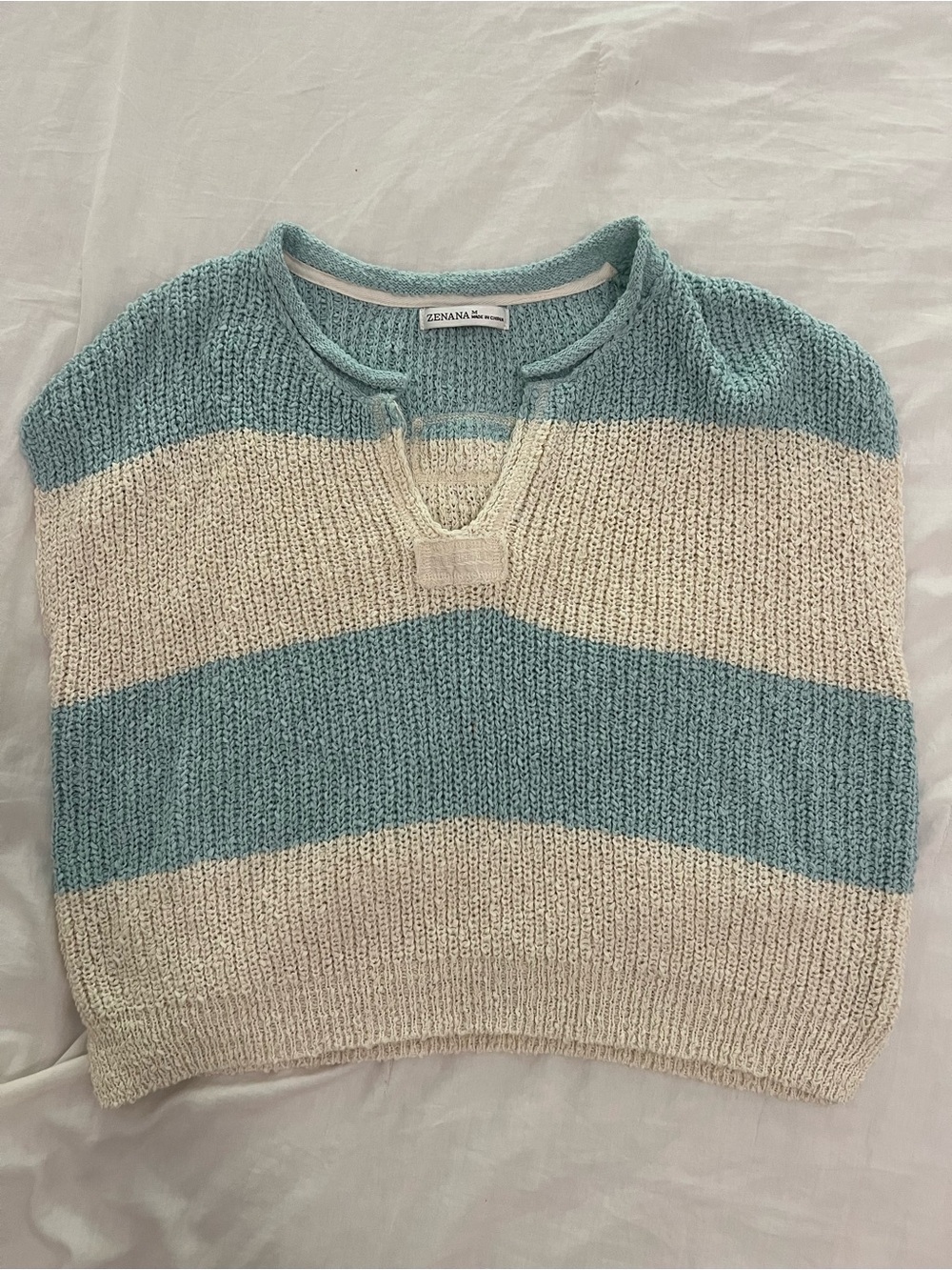 Zenana Outfitters Seafoam Green and Cream Striped Crewneck Sweater Vest